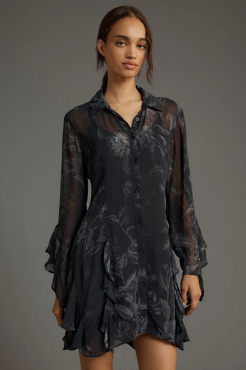 Long-Sleeve V-Neck Sheer Mini Dress