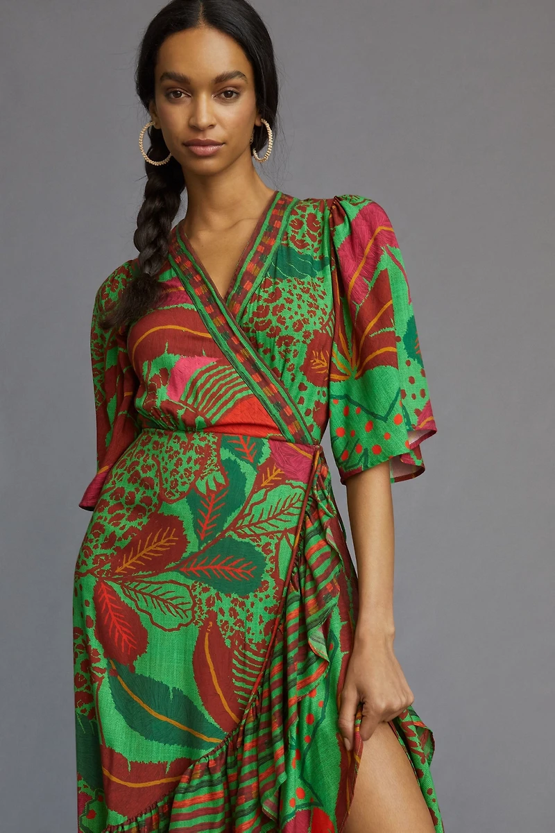 FARM Rio Flutter-Sleeve Wrap Maxi Dress