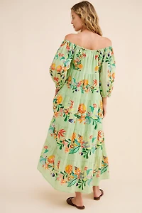 FARM Rio Off-The-Shoulder Long-Sleeve Tiered Floral Midi Dress