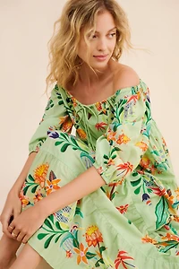 FARM Rio Off-The-Shoulder Long-Sleeve Tiered Floral Midi Dress