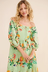 FARM Rio Off-The-Shoulder Long-Sleeve Tiered Floral Midi Dress