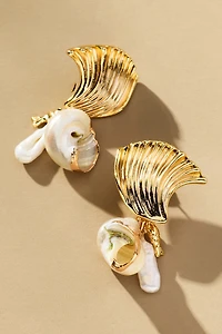 Fanned Shell Pearl Drop Earrings