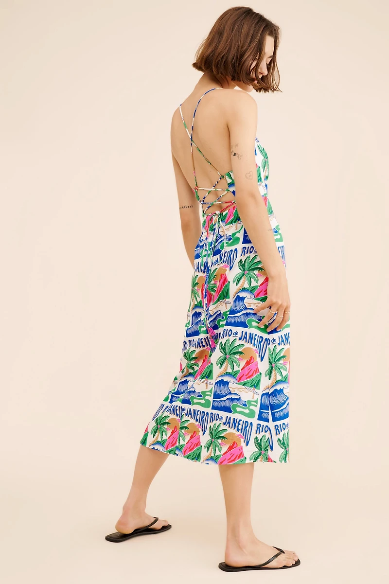 FARM Rio Carioca Posters Linen Blend Midi Dress