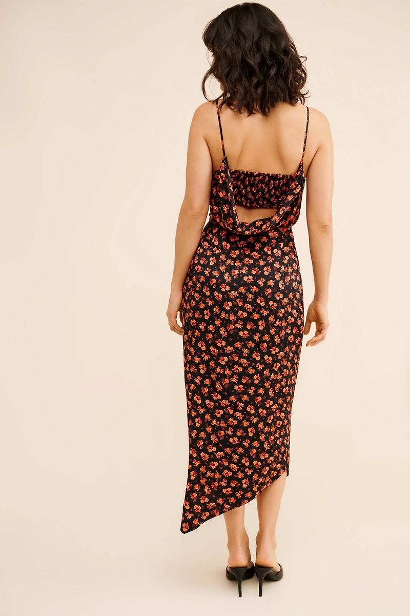 Sleeveless Draped-Back Asymmetrical Slip Midi Dress