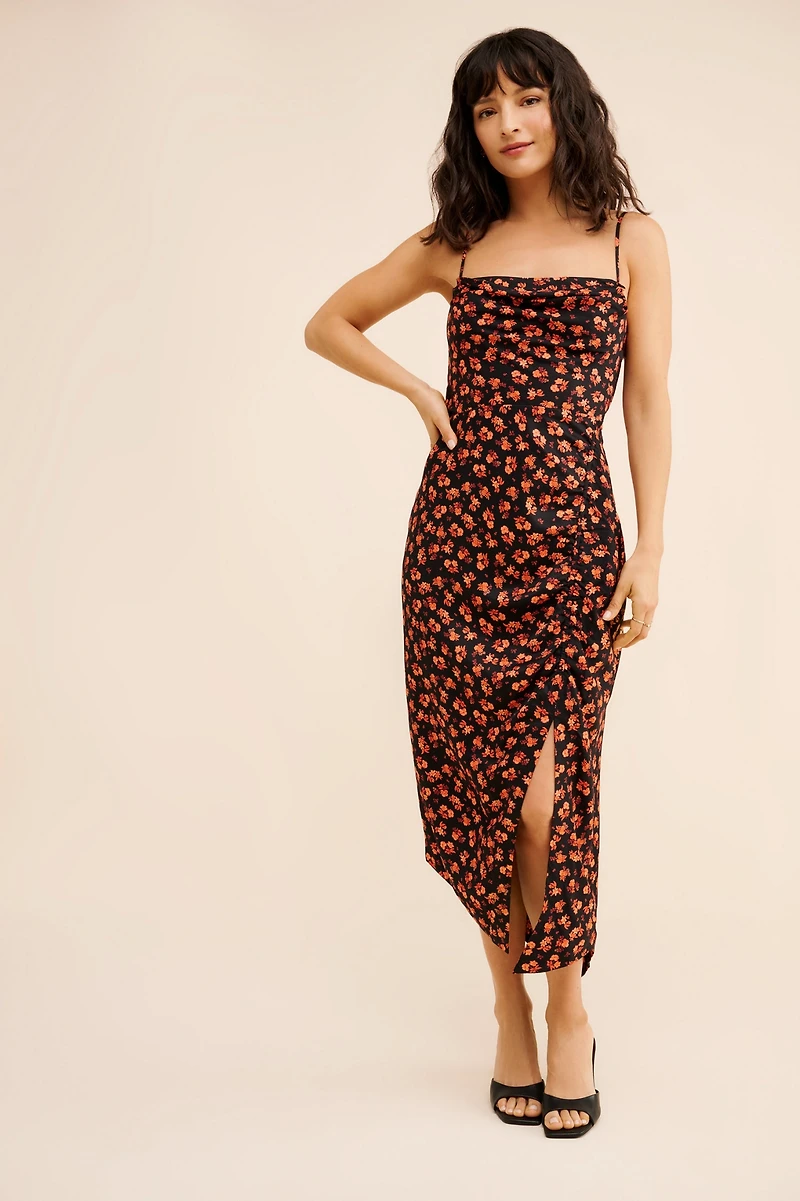 Sleeveless Draped-Back Asymmetrical Slip Midi Dress