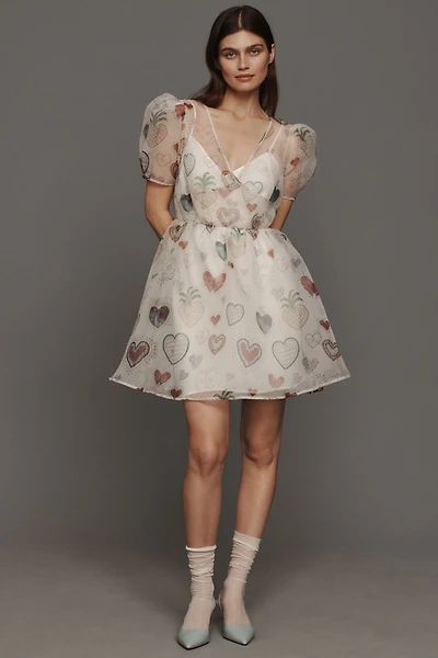 FARM Rio Semi-Sheer Puff-Sleeve Mini Dress