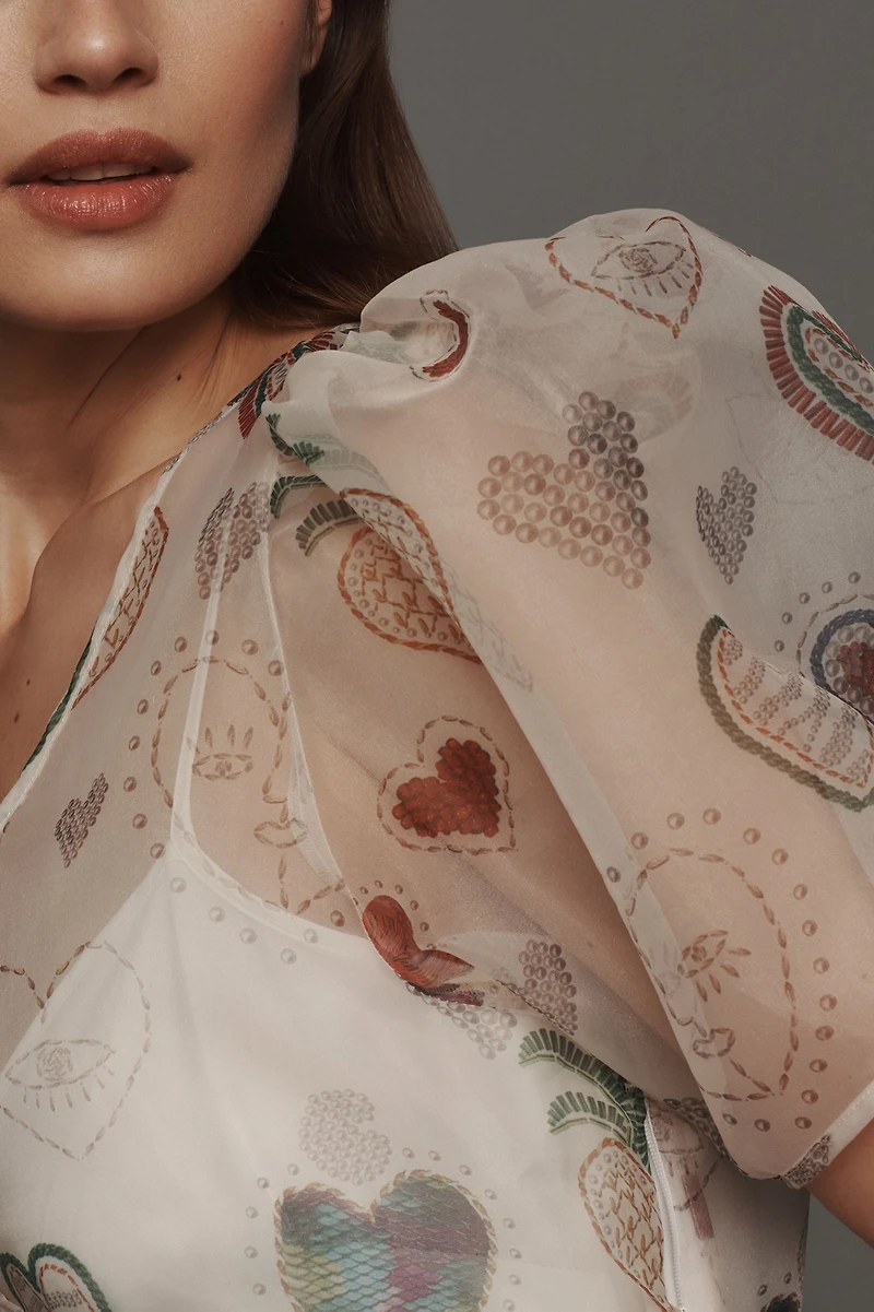 FARM Rio Semi-Sheer Puff-Sleeve Mini Dress