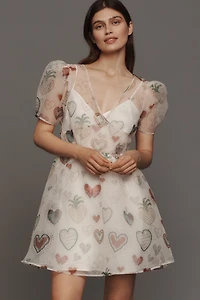 FARM Rio Semi-Sheer Puff-Sleeve Mini Dress