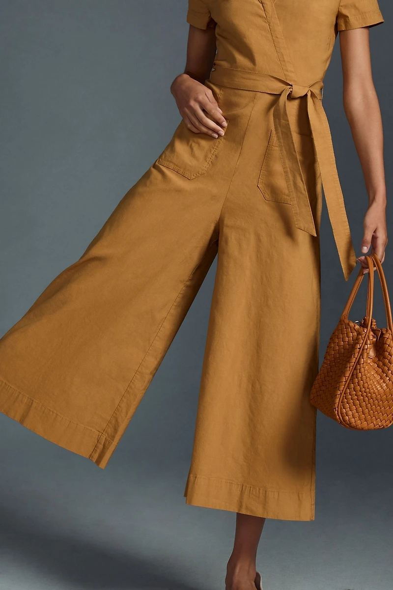 Maeve Faux-Wrap Short-Sleeve Culotte Jumpsuit