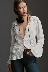 Long-Sleeve Shirred Buttondown Shirt
