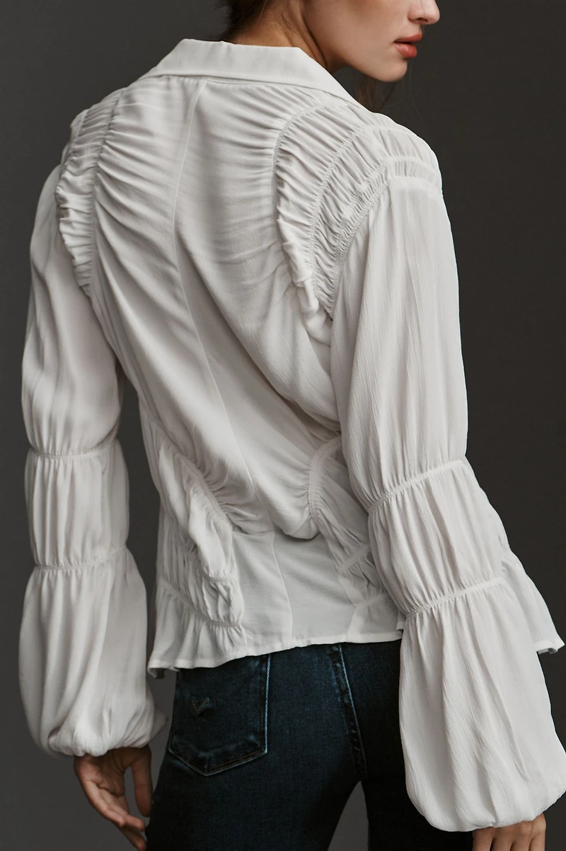 Long-Sleeve Shirred Buttondown Shirt