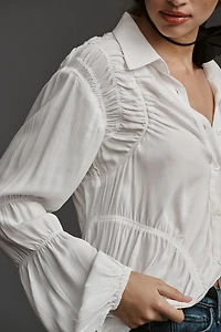 Long-Sleeve Shirred Buttondown Shirt