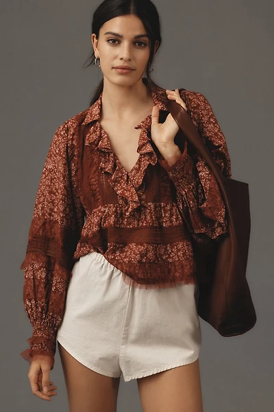 Ruffled V-Neck Popover Blouse