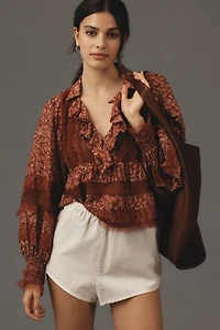 Ruffled V-Neck Popover Blouse