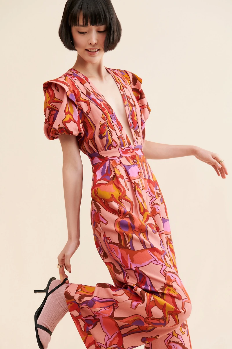 FARM Rio Wild Horses Short-Sleeve Pleated Jumpsuit