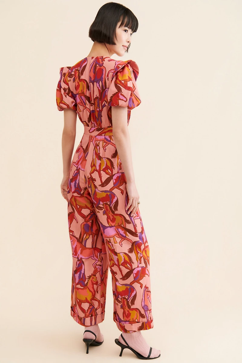FARM Rio Wild Horses Short-Sleeve Pleated Jumpsuit