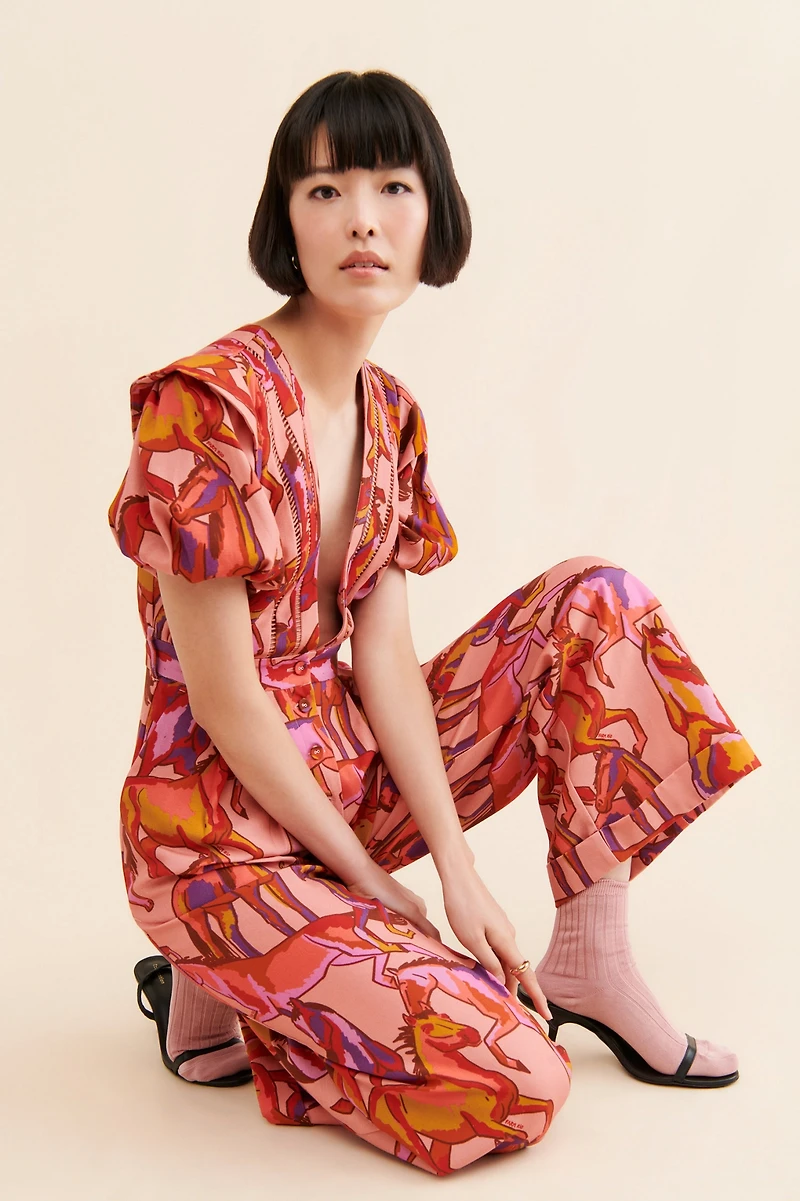 FARM Rio Wild Horses Short-Sleeve Pleated Jumpsuit