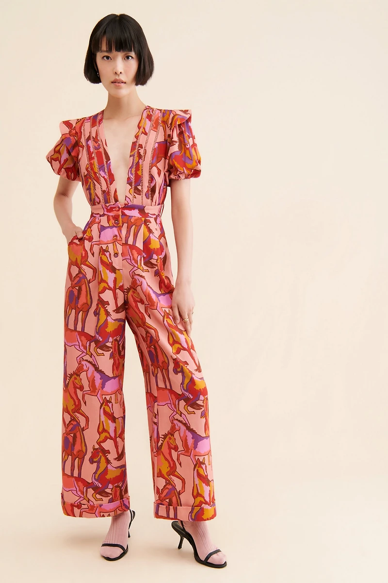 FARM Rio Wild Horses Short-Sleeve Pleated Jumpsuit