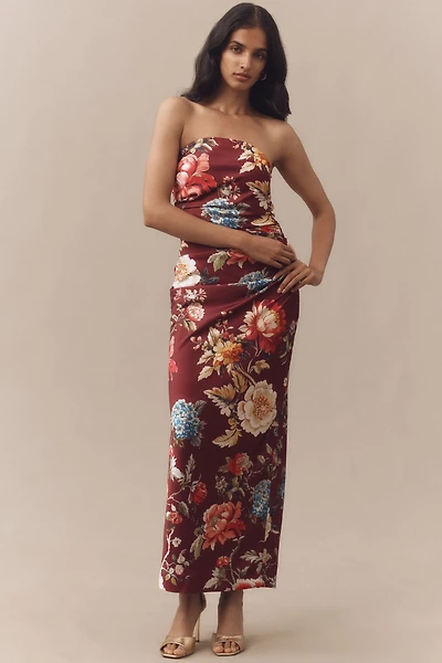 BHLDN Strapless Ruched Floral Satin Midi Dress