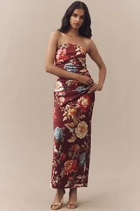 BHLDN Strapless Ruched Floral Satin Midi Dress