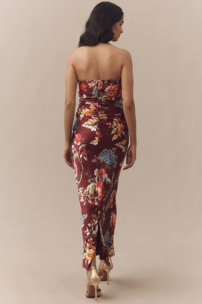 BHLDN Strapless Ruched Floral Satin Midi Dress
