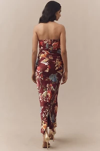 BHLDN Strapless Ruched Floral Satin Midi Dress