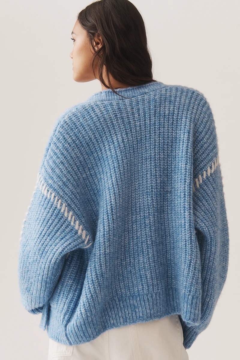 Flat White Stitched Cardigan Sweater