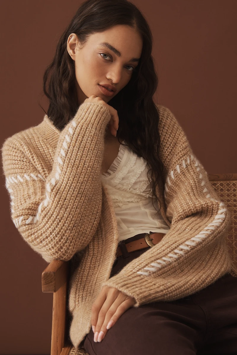 Flat White Stitched Cardigan Sweater