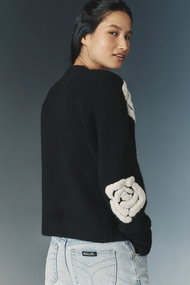 Flat White Embroidered Flower Cardigan Sweater