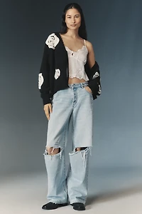 Flat White Embroidered Flower Cardigan Sweater