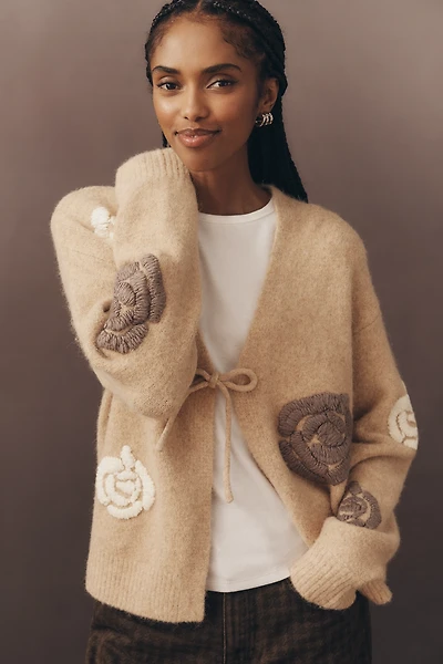 Flat White Embroidered Flower Cardigan Sweater