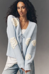 Flat White Embroidered Flower Cardigan Sweater