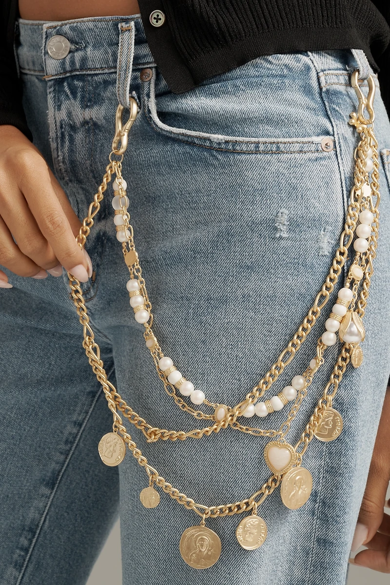 Layered Coin & Pearl Charm Pant Chain