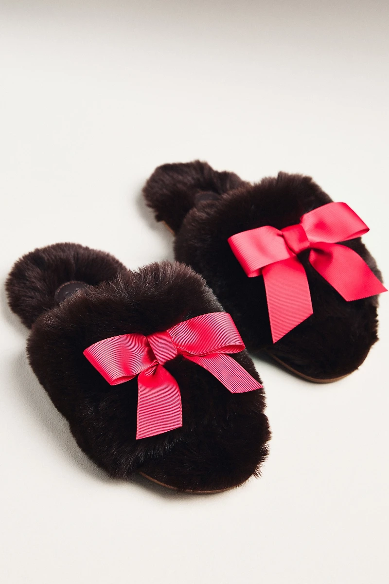 Maeve Faux-Fur Open-Toe Bow Slippers