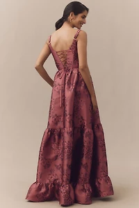 V. Chapman Avery Scoop-Neck Tiered Floral Brocade Maxi Dress