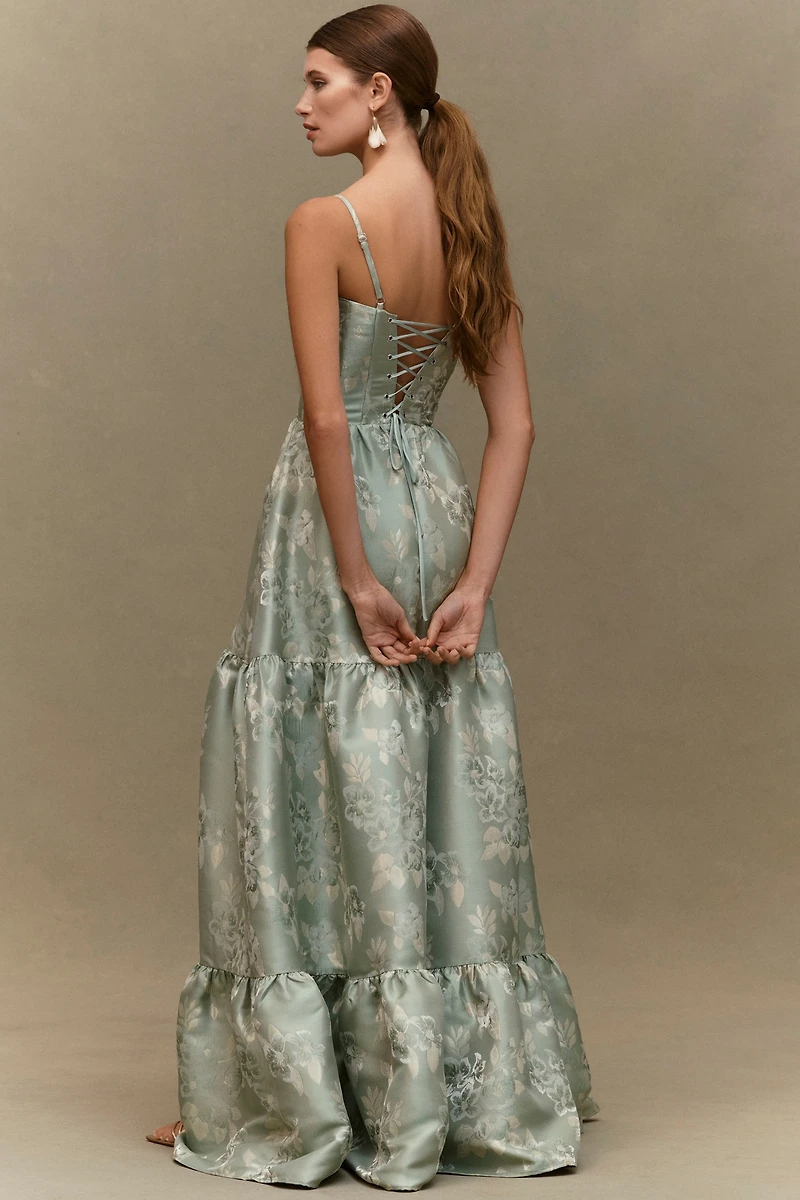 V. Chapman Lucetta Corset Tiered Brocade Maxi Dress