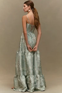V. Chapman Lucetta Corset Tiered Brocade Maxi Dress