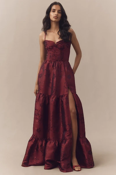 V. Chapman Lucetta Beaded Corset Tiered Brocade Maxi Dress