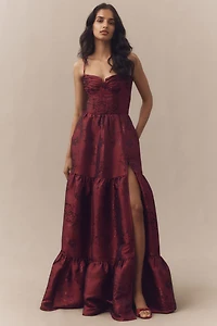 V. Chapman Lucetta Beaded Corset Tiered Brocade Maxi Dress