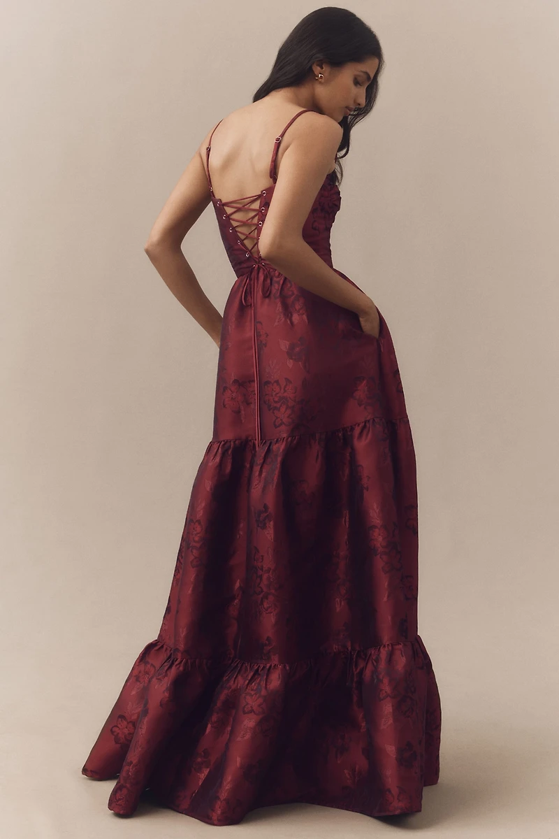 V. Chapman Lucetta Beaded Corset Tiered Brocade Maxi Dress