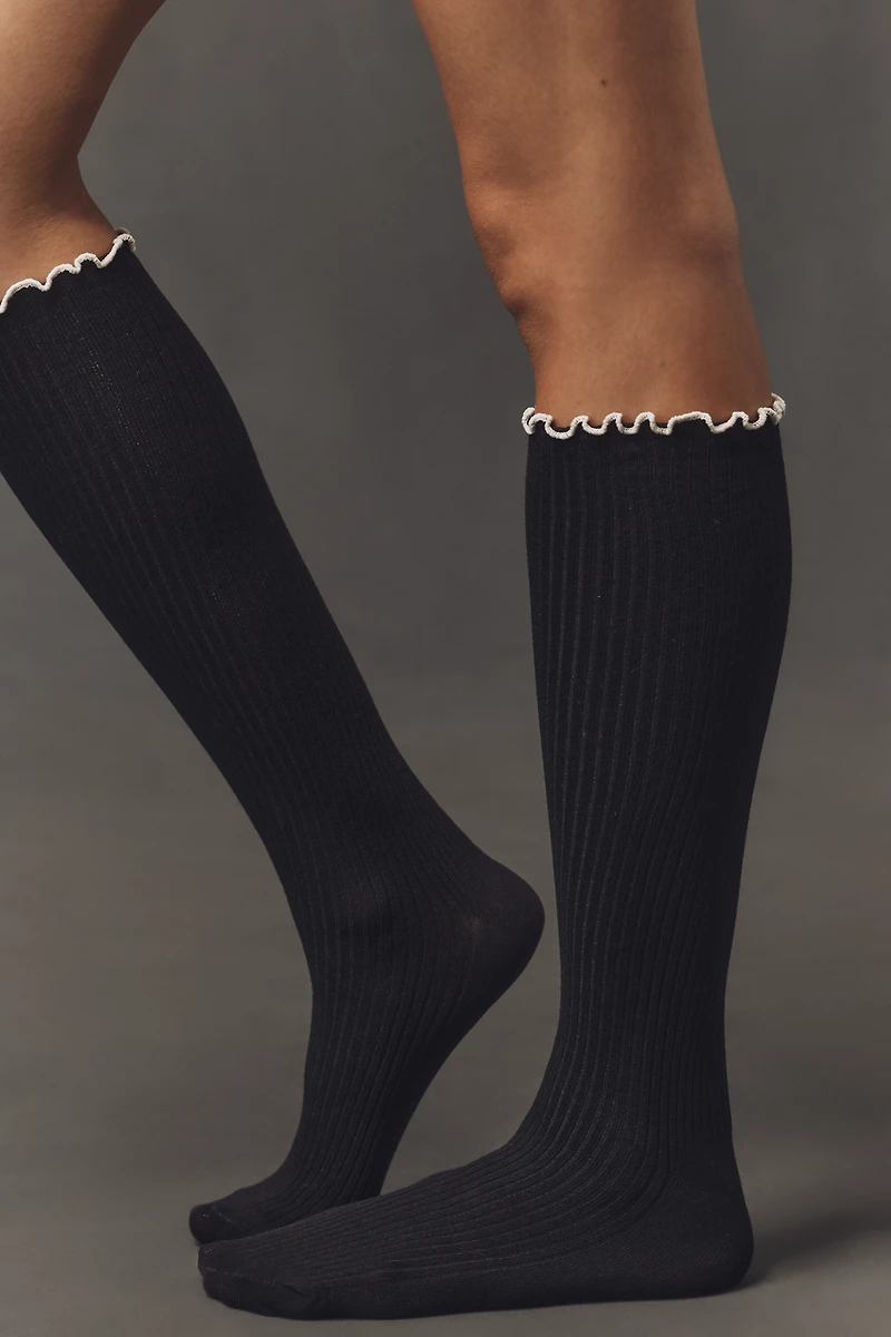 Ribbed Ruffle Knee-High Socks