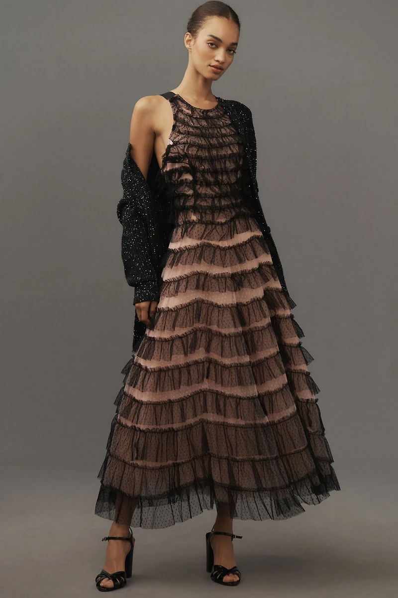 Sleeveless Halter Ruffled Tulle Midi Dress