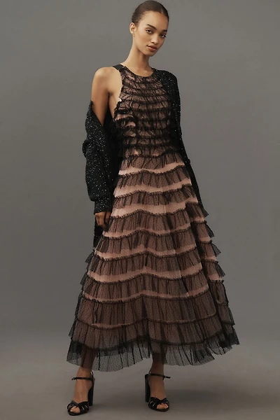 Sleeveless Halter Ruffled Tulle Midi Dress