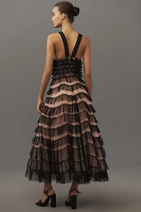 Sleeveless Halter Ruffled Tulle Midi Dress