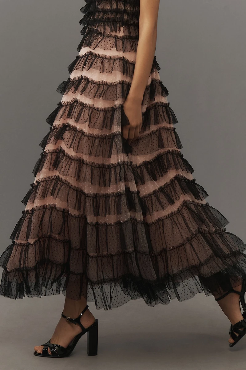 Sleeveless Halter Ruffled Tulle Midi Dress