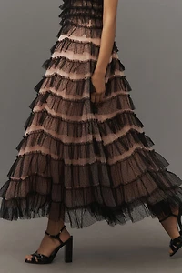Sleeveless Halter Ruffled Tulle Midi Dress