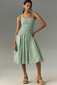Hutch Sleeveless Smocked Drop-Waist Midi Dress