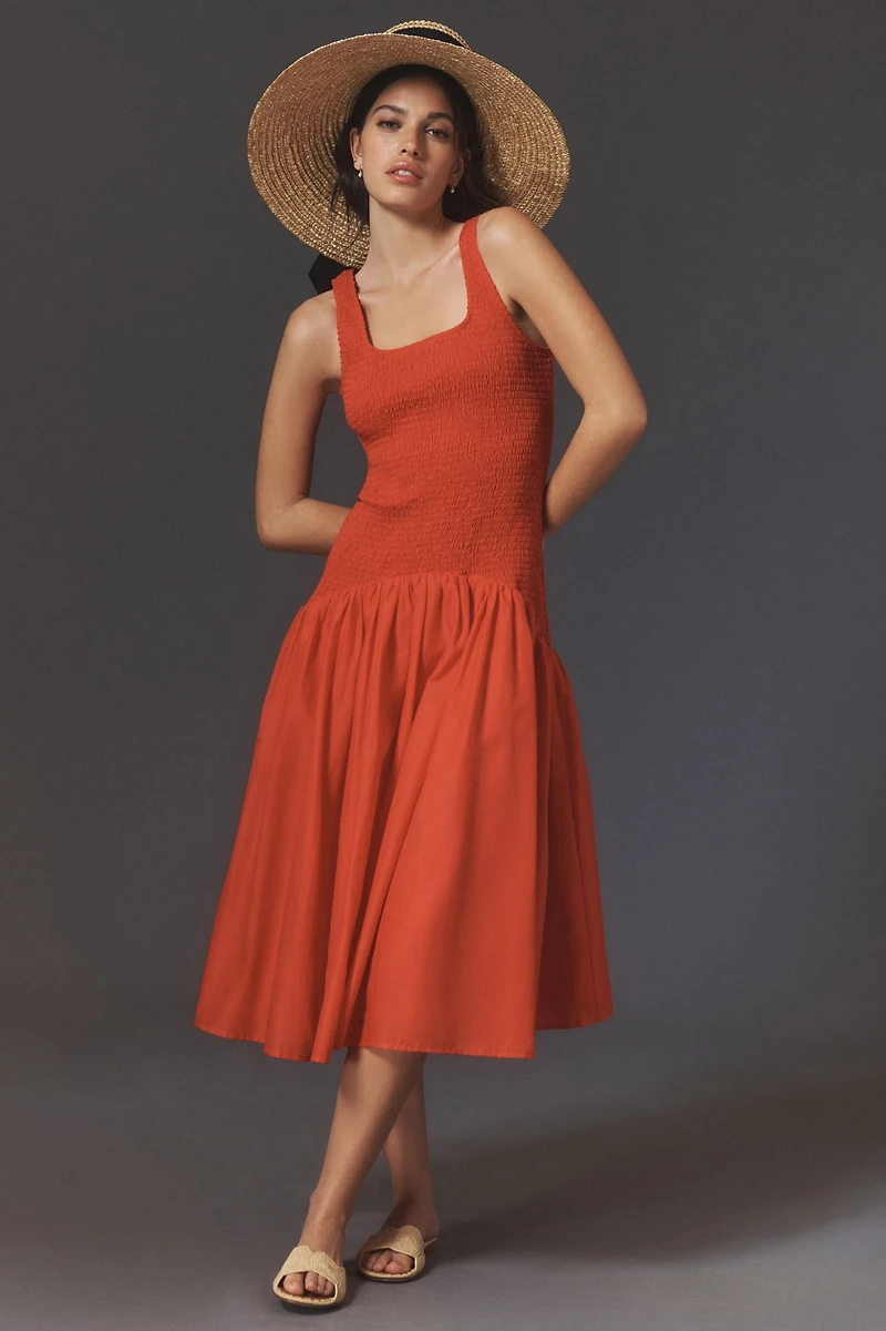 Hutch Sleeveless Smocked Drop-Waist Midi Dress