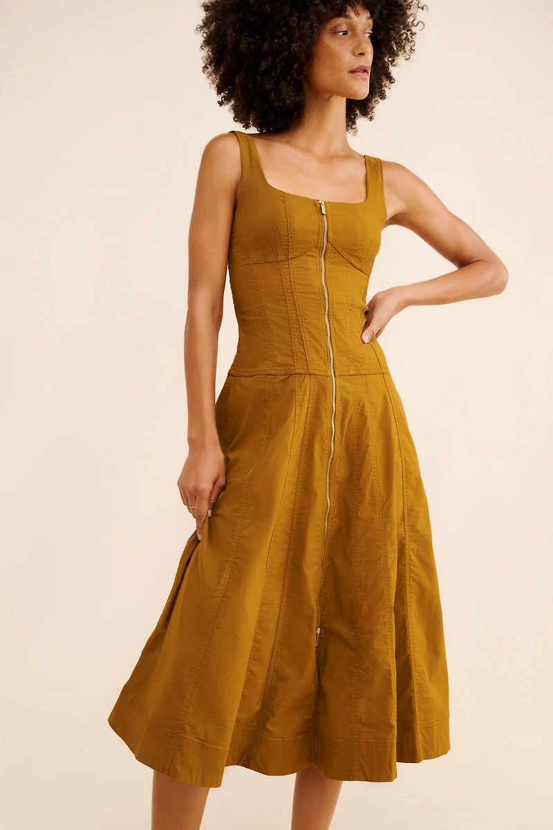 Sleeveless Zip-Front Belted Midi Dress