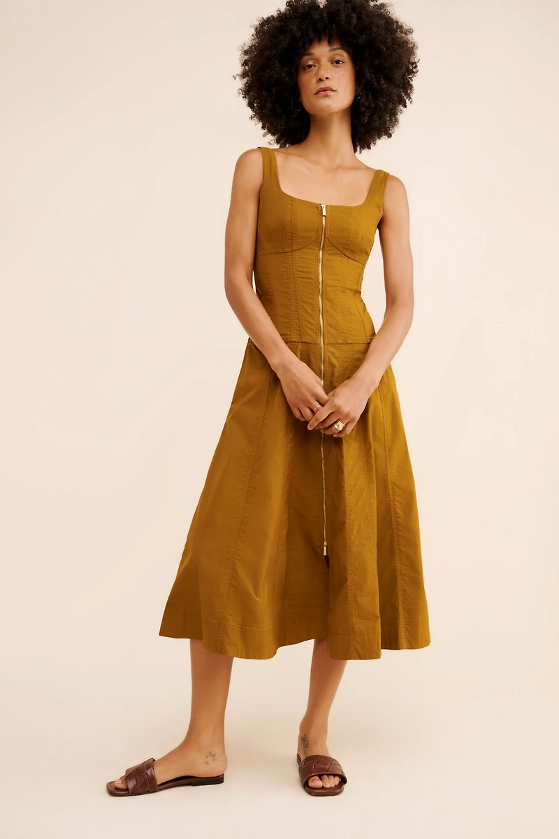 Sleeveless Zip-Front Belted Midi Dress